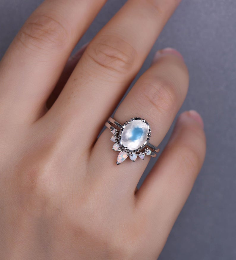 14K/18K Gold Faceted Moonstone Engagement Ring Set