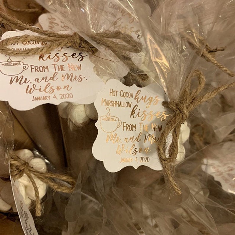 Gold Foil Hot Cocoa Wedding Favor Tags: Cocoa Hugs & Marshmallow Kisses, 2" Size