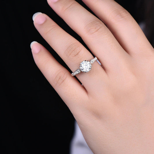 1.25ct Vintage Moissanite Engagement Ring Crown Set Half Eternity Moissanite Band