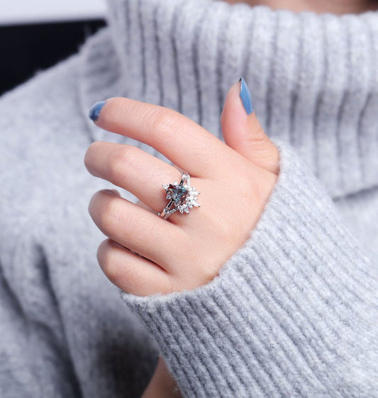 2pcs Tear Droped Alexandrite Vintage Wedding Set White Gold