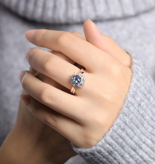Floral Alexandrite Engagement Ring Rose Gold Vintage Bridal Set