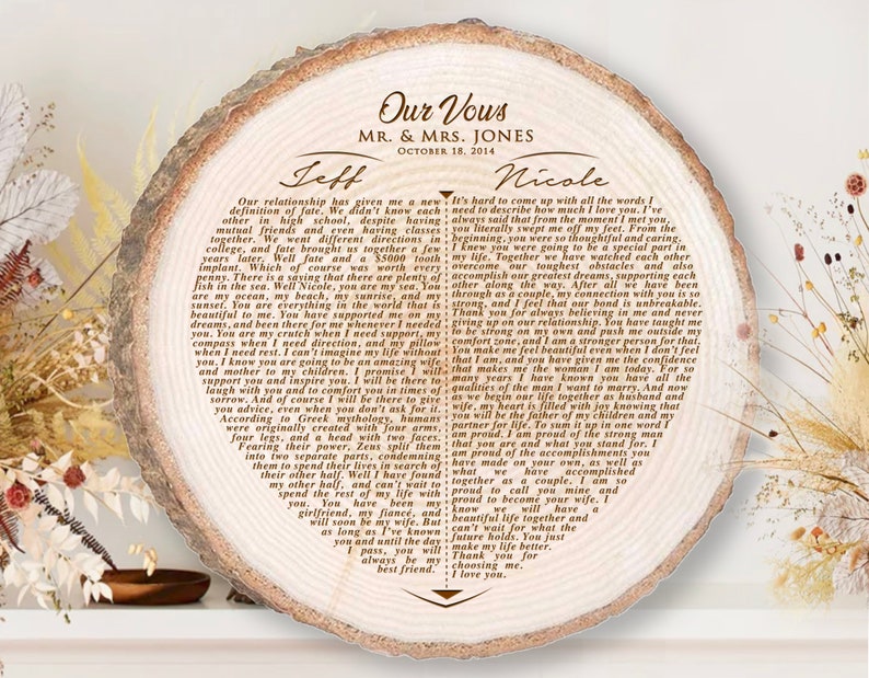Engraved Wedding Vows on Wood, Heart Anniversary Gift