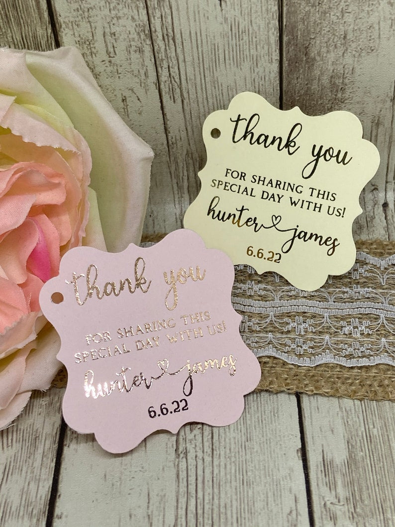 Gold Foil Wedding Favor Tags: Personalized Thank You Celebrate with Us, 2" Size