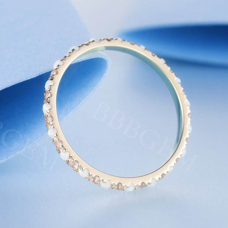 1.5mm Full Eternity Opal Morganite Wedding Band Stacking Matching Band