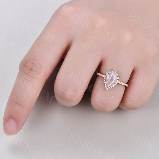 1.25 Carat Unique Natural Rose Quartz Engagement Ring Pear Cut Diamond Band