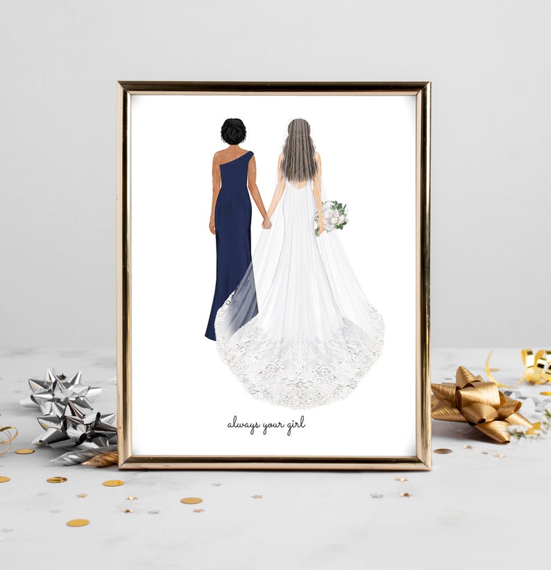 Personalized Bride and Mother Portrait Art PRINT | Mother of Bride Custom Wedding Art, Marriage Gift, Mom and Daughter Drawing, Quote Art