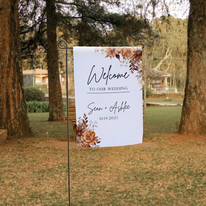 Fall Wedding Welcome Flag | Personalized Welcome to Wedding Yard Flag | Autumn Wedding Welcome Sign | Custom Outdoor Wedding Venue Decor