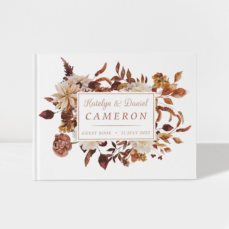 Elegant Fall Wedding Guest Book with Terracotta & Rose Gold Accents | 50 Pages | Customizable Colors | SKU: A041