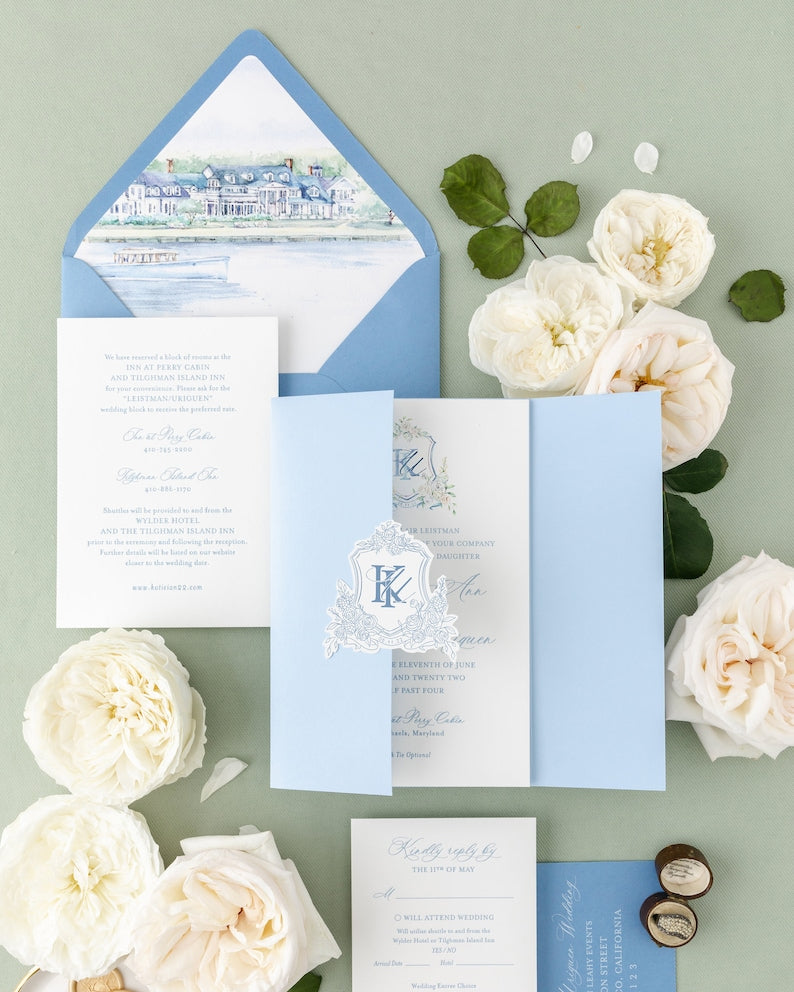 Katherine Wedding Invitation Suite | Hydrangea and Rose Floral Crest and Monogram with Custom Watercolor Landscape Envelope Liner