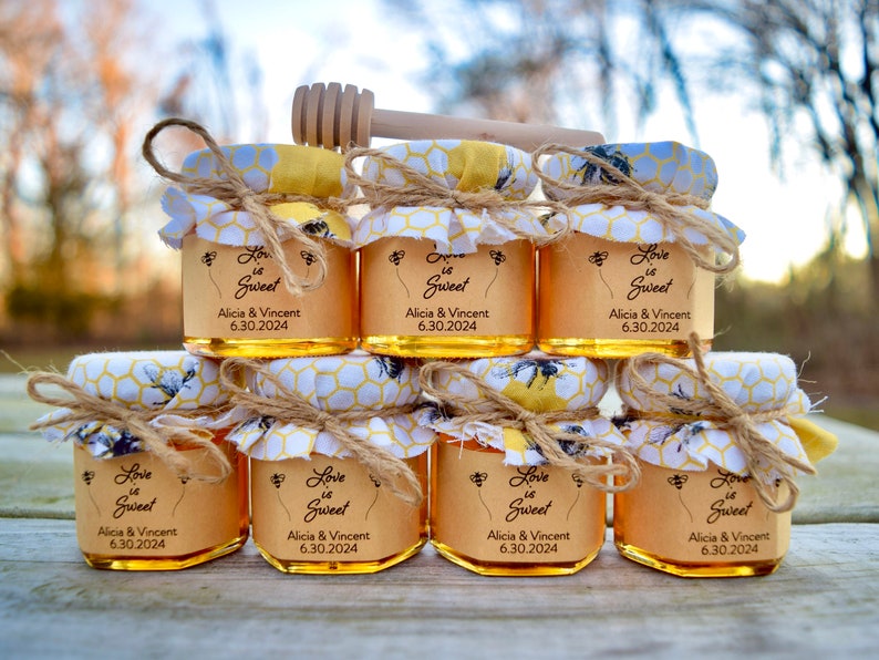 Honey Jar Wedding Favors - Wedding Favors for Guests - Bridal Shower Favors - Baby Shower Favor - Birthday Party Favor - Fabric Jar Topper