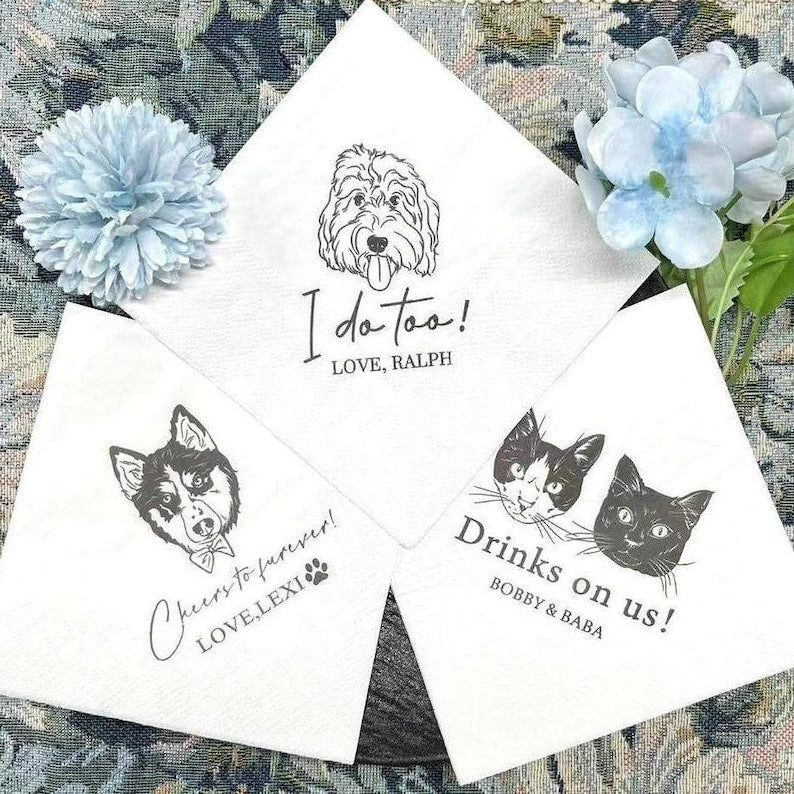 Customized Wedding Napkins € Napkins with Dogs & Cats,Bridal Shower, Engagement Party, Personalized Pet Cocktail Napkins, Dog Napkins