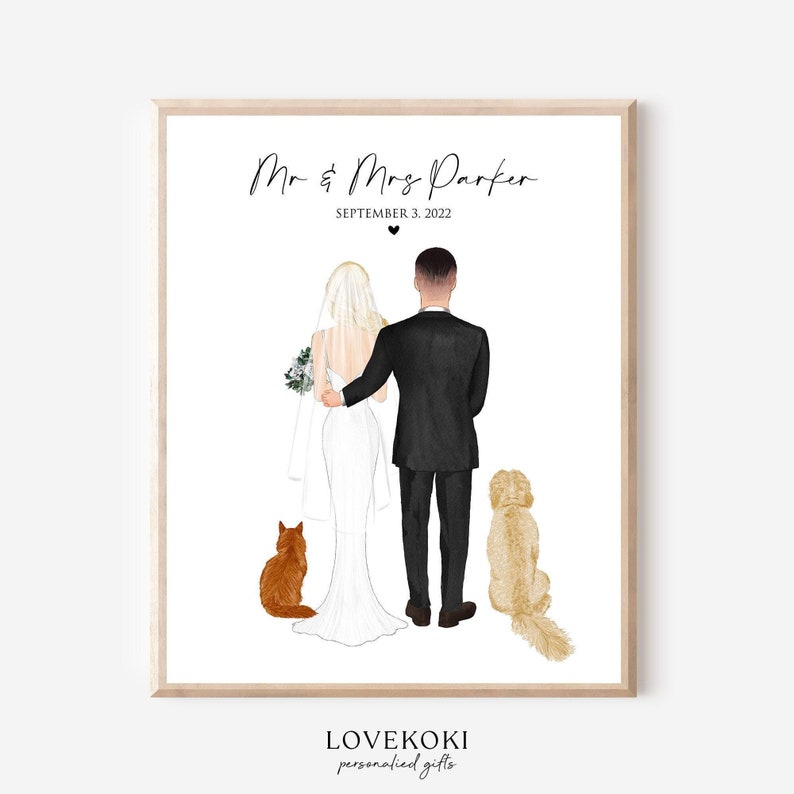 Personalized Wedding Gift for Couple and Pet, Wedding Illustration, Dog Wedding Portrait Drawing Print, Bridal Shower Gift 1st Anniversary