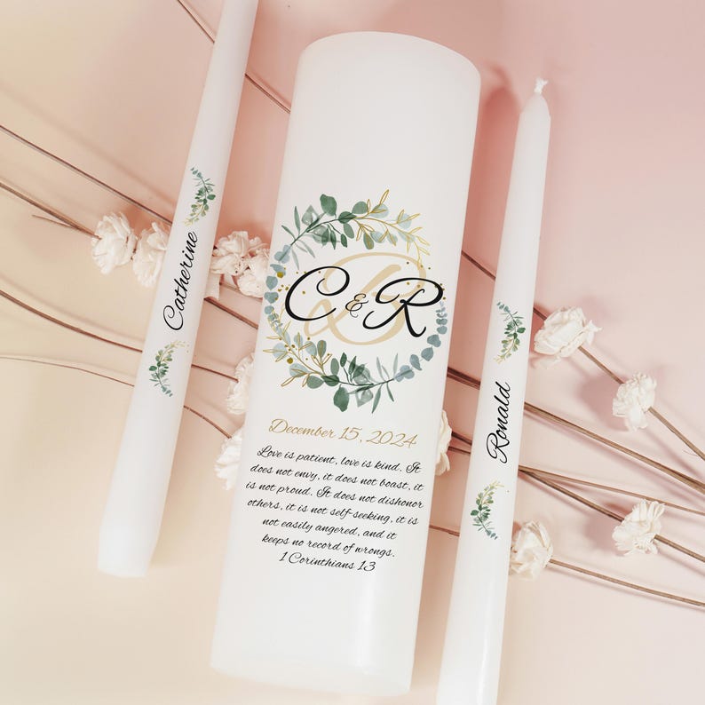 Greenery Wreath Personalized ceremony candle set for weddings custom wedding candle sets Elegant Garden style taper and pillar candles