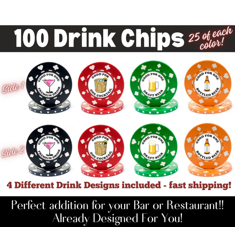 100 Custom Drink Chips 4 Drink Designs, Drink Token, Free Drink, Drink Chips, Poker Chip Drink Token, Bar Drink Chips, Custom Drink Tokens