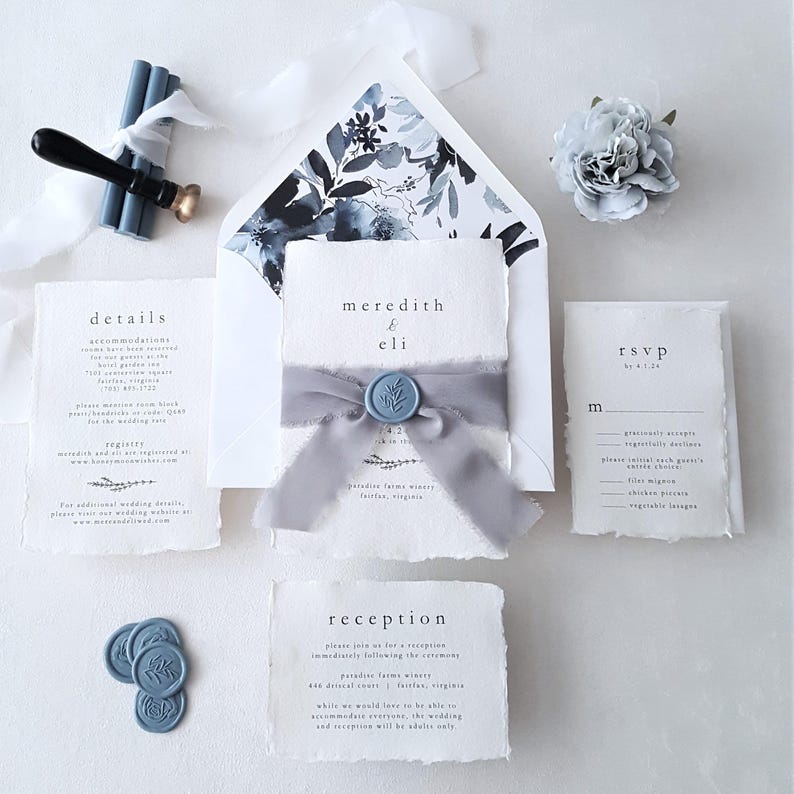 Dusty Blue Deckle Edge Wedding Invitation Suite, Handmade Torn Edge Invitations with Envelopes, Elegant Rustic Boho Wedding Stationery Set