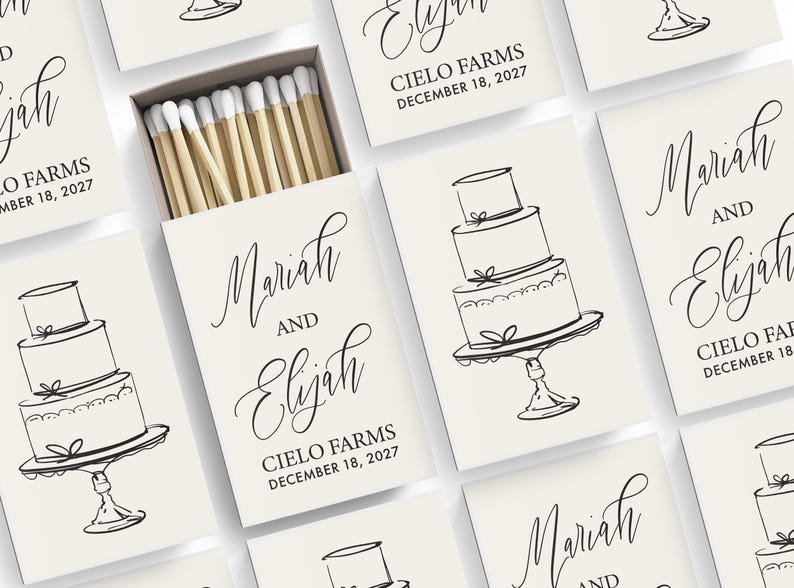 Hand-drawn Cake Wedding Matches - Wedding Calligraphy - Personalized Reception Favor - SET OF 50 - Personalized - Cigar Bar Matchbooks