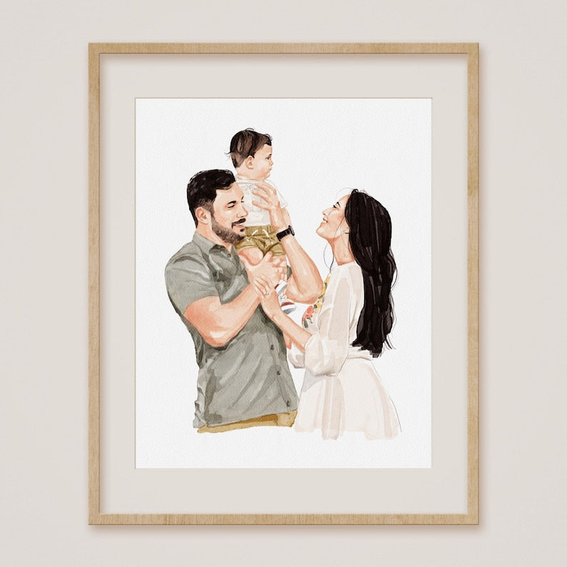 Hand-Drawn Custom Family Portrait, Watercolor Family Painting from Photo