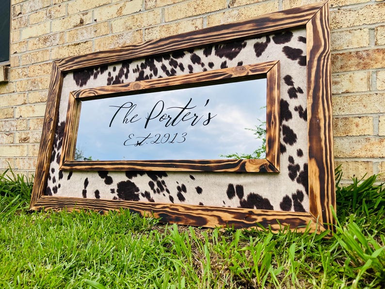 Framed cowhide mirror personalized with name/ Western mirror/ Cowhide decor wedding gift farmhouse decor