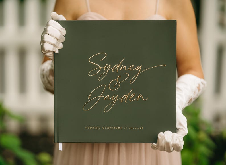 Elegant Wedding Guest Book, Hand Drawn Minimalist Custom Wedding Hardcover Photo Album, Rose Gold, Gold, Silver Foil, Forest Green