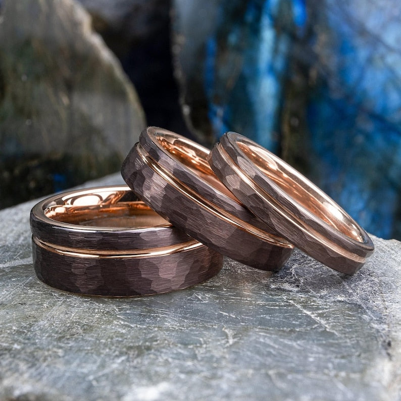 Hammered Unisex Tungsten Ring - Mocha Brown With Rose Gold Stripe & Interior - 4, 6 and 8mm Wedding Bands - Custom Laser Engraving