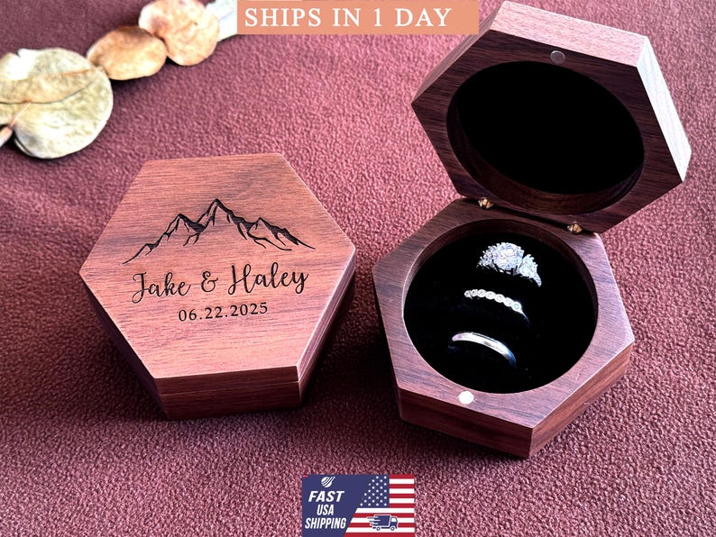 Engraved Wooden 3-Slot Ring Box Personalized Wedding Keepsake, Rustic Ring Holder for Engagement, Anniversary & Proposal Gift
