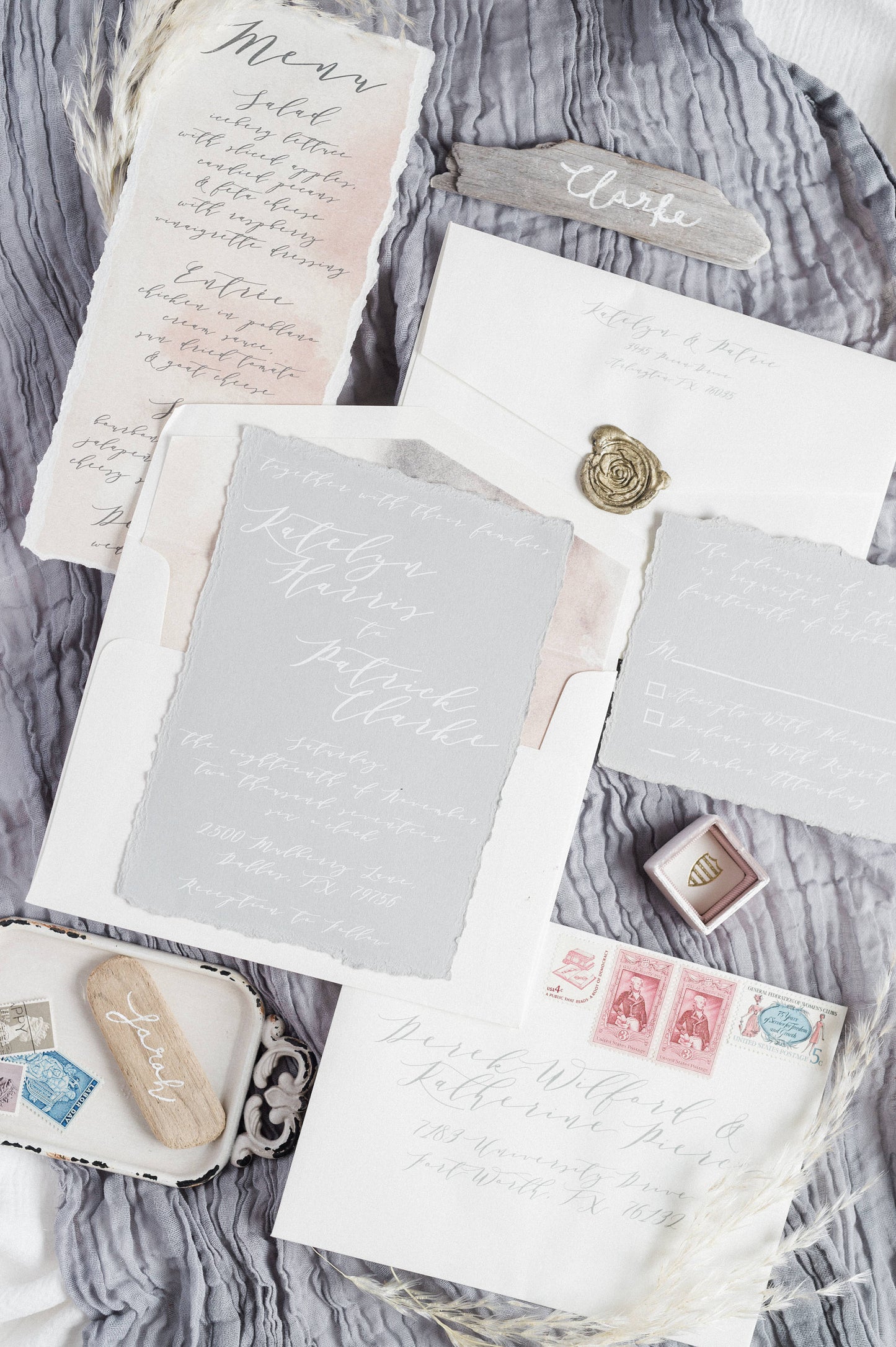 Deckled Edges Calligraphy Wedding Invitation White Ink on Gray Paper, Modern & Minimal with Wax Seal — Envelope Liner and Address Printing