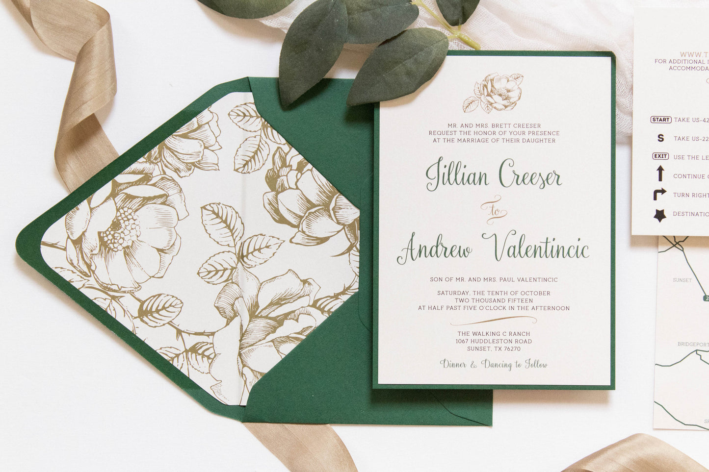 5x7 Metallic Gold Floral & Forest Green Wedding Invitation with Directions Insert, Postcard RSVP and Envelope Liner. Different Color Options