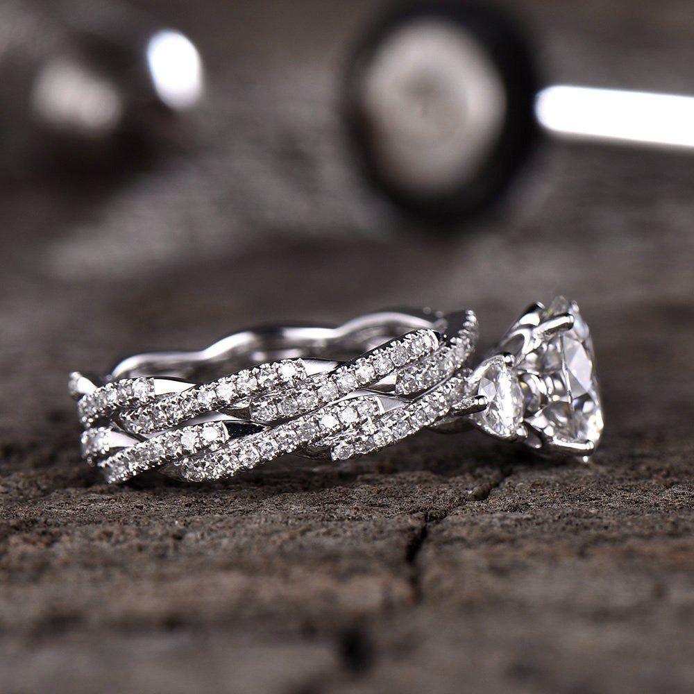 Forever One Moissanite Infinity Engagement Ring Twist Diamond Wedding Band Full Eternity Bridal Set 8mm Round 3 Stone Ring 14K White Gold