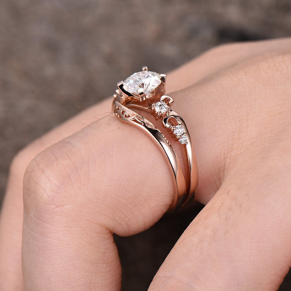 Forever One Moissanite Engagement Ring Rose Gold Moissanite Wedding Set Art Deco Unique Wedding Ring Antique Bridal Set Curve Open Band 14K