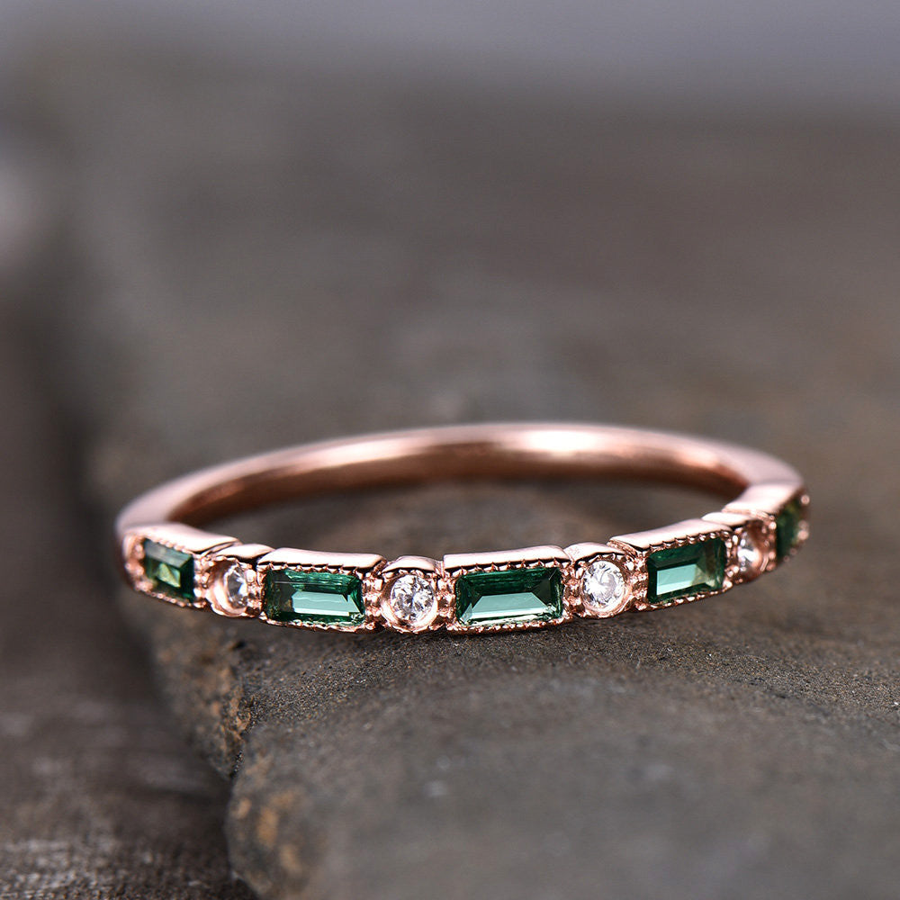 Emerald Wedding Band Half Eternity Band Art Deco Stacking Wedding Ring Anniversary Ring Sterling Silver Rose Gold Plated Milgrain