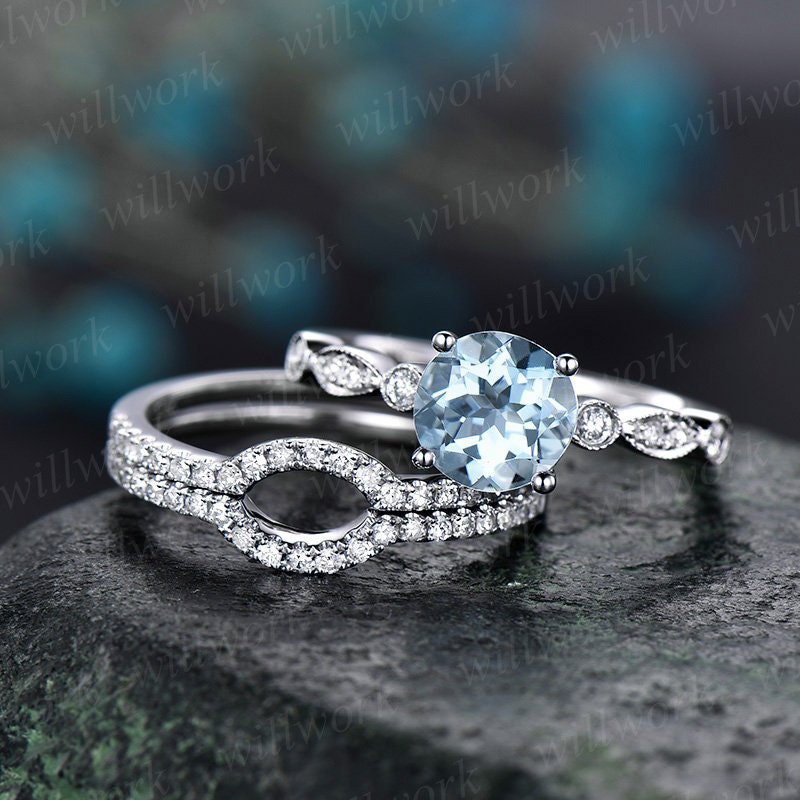 3pc Blue Aquamarine Engagement Ring Set White Gold Diamond Bridal Set Stacking Matching Band March Birthstone Unique Wedding Promise Ring