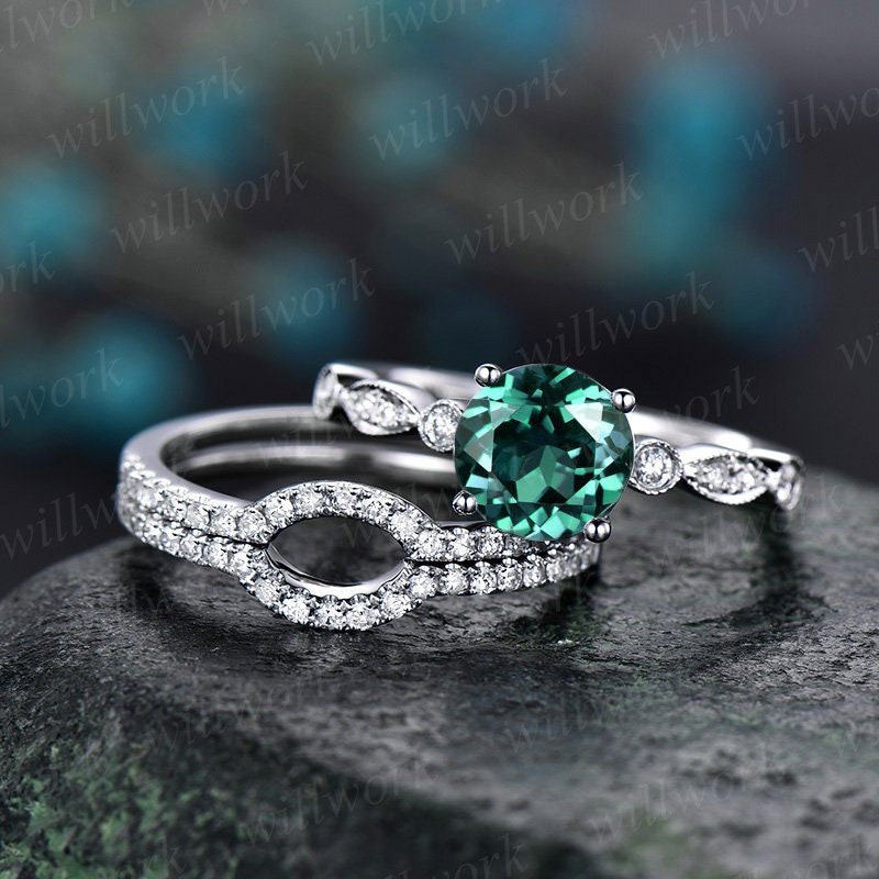 3pc Emerald Engagement Ring Set White Gold Emerald Ring Vintage Diamond Ring Matching Stacking Marquise May Birthstone Promise Wedding Ring