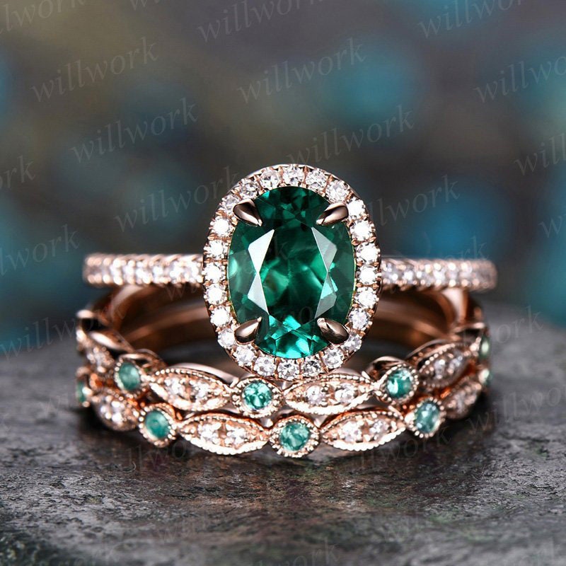 Emerald Ring Vintage Unique Oval Emerald Engagement Ring Set Rose Gold Halo Diamond Ring For Women Marquise Milgrain Wedding Ring Set Band