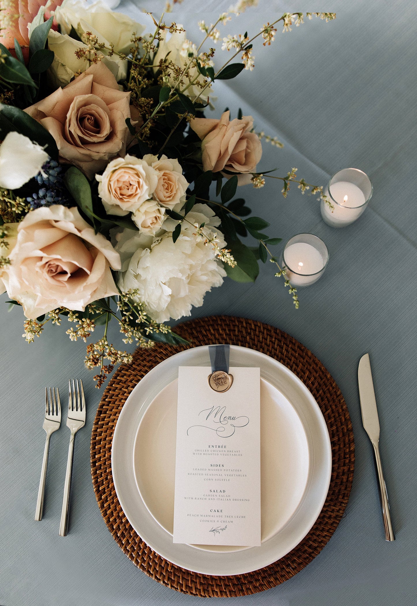 Shades of Blue Printed Wedding Menu with Soft Dusty Blue Calligraphy Script on White Paper — Different Colors Available!