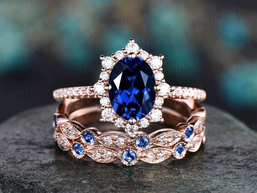 3pc Halo Cluster Sapphire Engagement Ring Rose Gold Moissanite Natural Sapphire Diamond Wedding Band Stack Vintage For Women Bridal Ring Set