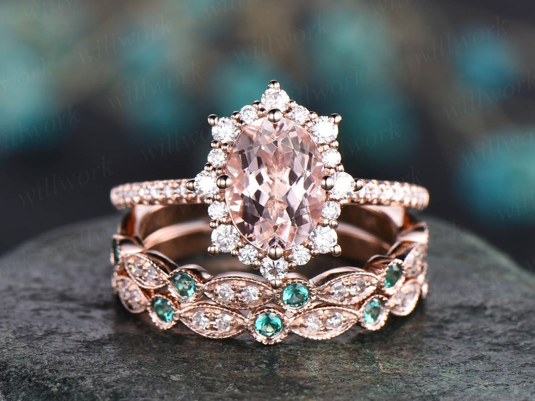 3pc Halo Cluster Moissanite Ring Natural Emerald Ring Pink Morganite Engagement Ring Rose Gold Matching Wedding Band Vintage Bridal Ring Set