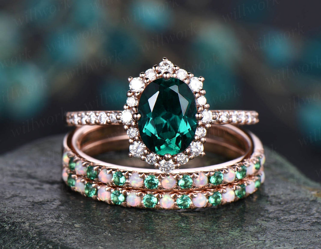 3pcs Natural Emerald Opal Wedding Band Halo Cluster Moissanite Halo Ring Emerald Engagement Ring Set Rose Gold Vintage Women Bridal Ring Set
