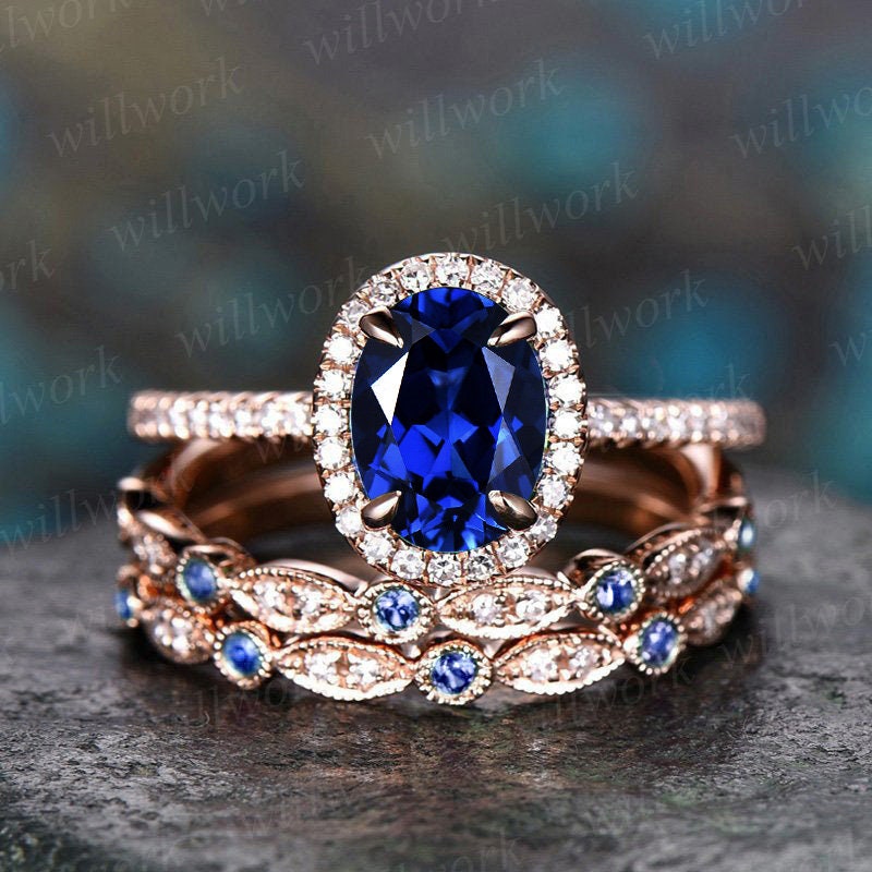 3pcs Blue Sapphire Ring Vintage Sapphire Engagement Ring Set Rose Gold For Women Diamond Halo Natural Sapphire Wedding Band Bridal Ring Set