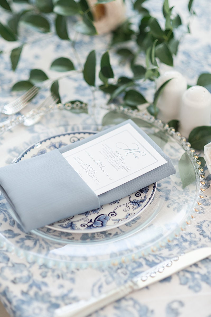 Clean and Simple Wedding Menu in Navy Blue and White with Calligraphy Style Script — Different Colors Available!