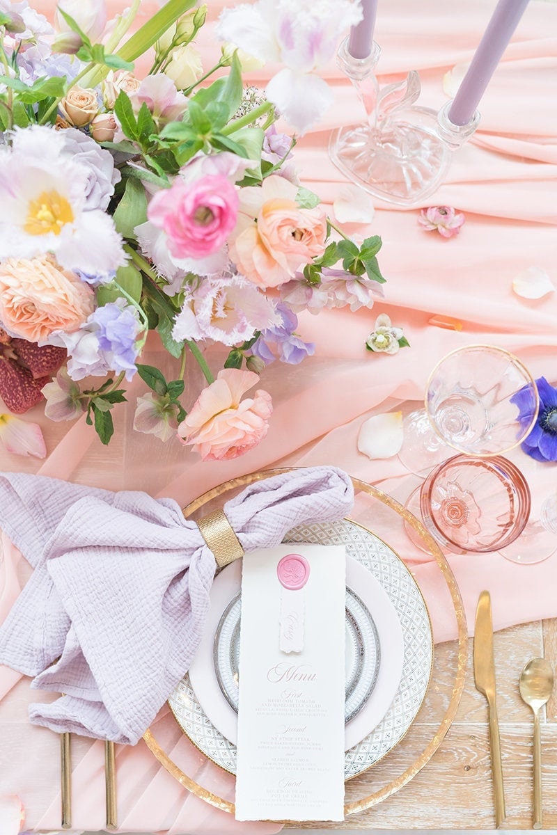 Place Card + Wedding Menu Combination with Ripped Edges, Delicate Calligraphy Script and Wax Seal, Printed Menu — Other Colors Available