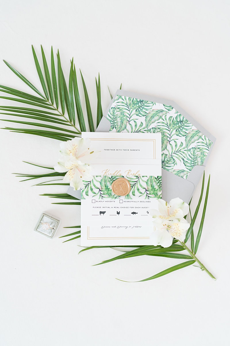 Formal, Tropical Beach Wedding Invitation Featuring Palm Tree Leaves, Gold Wax Seal on Vellum Belly Band & Guest Printing - Other Colors