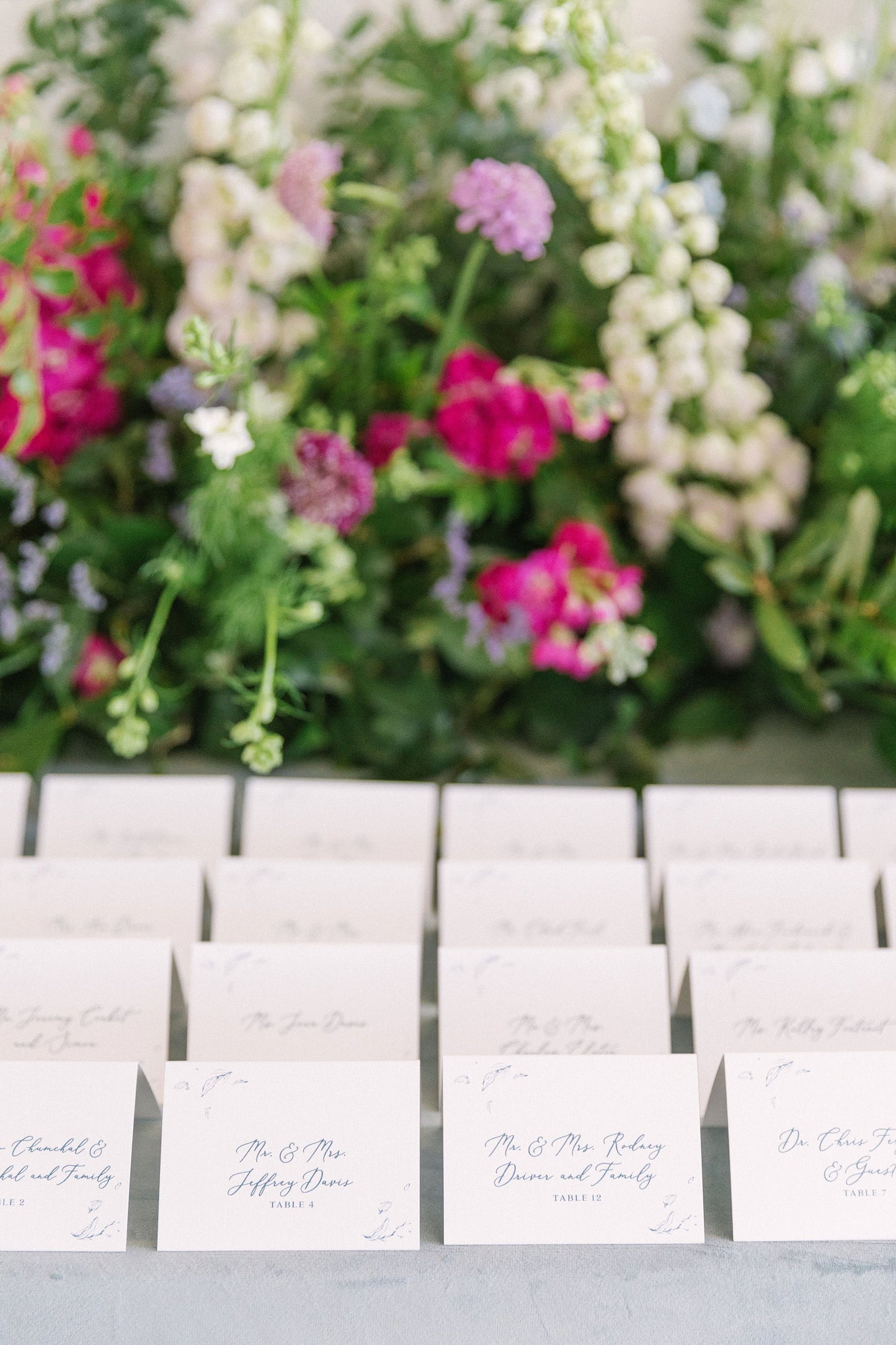 Line Drawn Floral Tent Place Cards / Escort Cards in Dusty Blue and Slate Blue with Printed Guest Name — Different Colors Available!