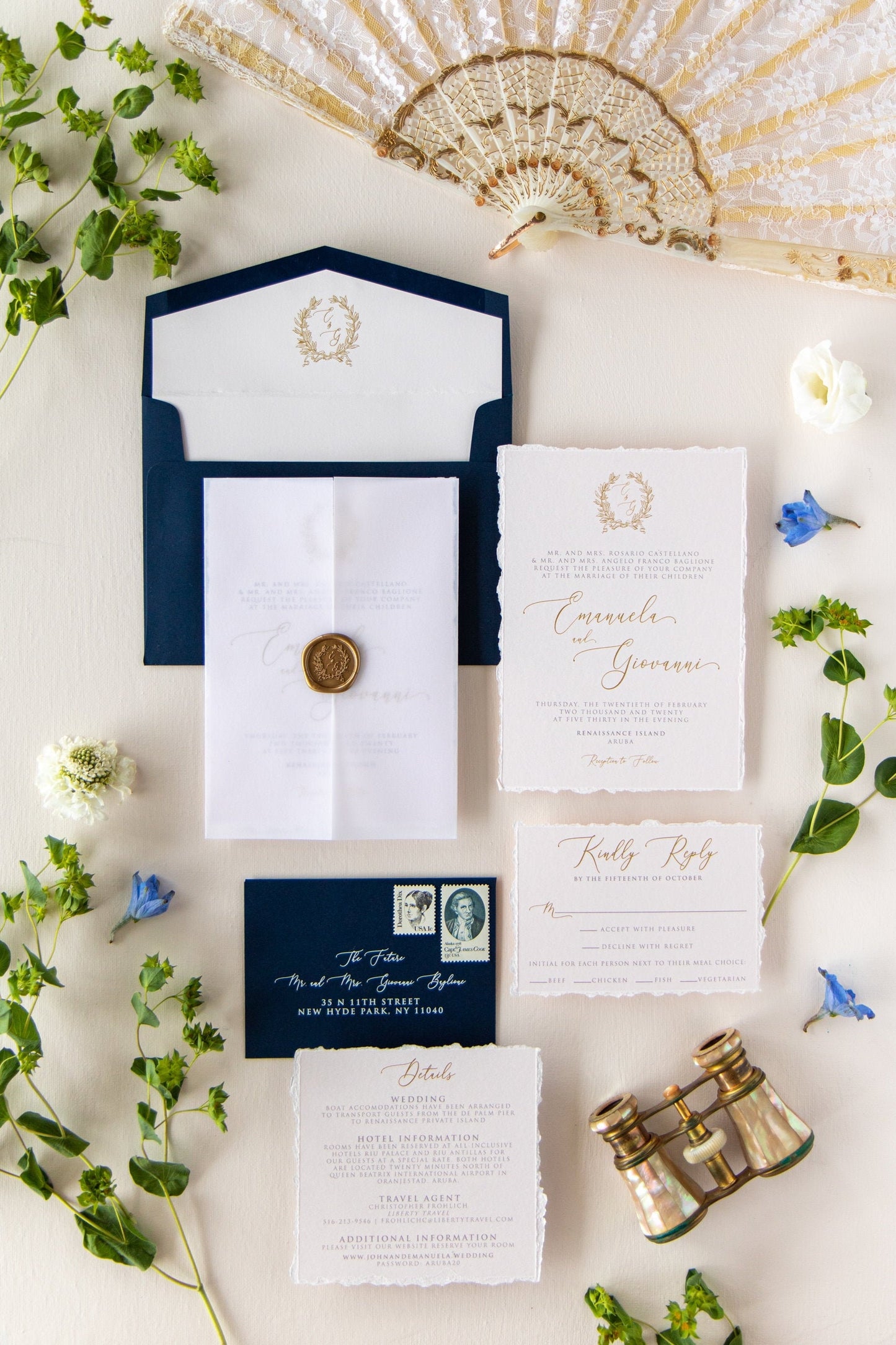 Gold Wax Seal Vellum Jacket Enclosed Wedding Invitation in Navy with Deckled Edges and Wreath Monogram on Pale Pink Paper - Other Colors