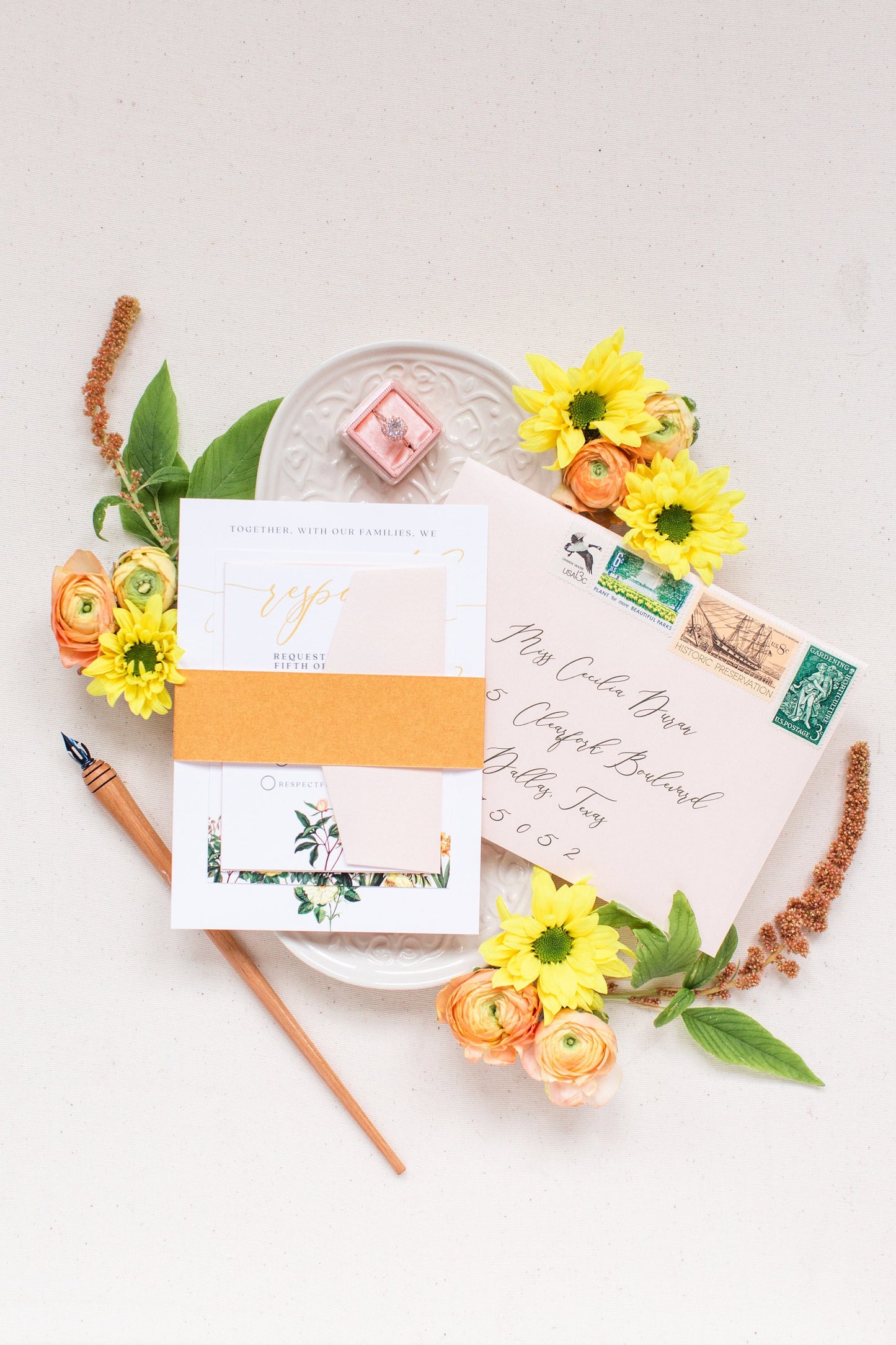 Wildflower Wedding Invitation in Blush, Yellow, Copper, Gold and Green, Includes Belly Band, Wax Seal, Details and RSVP — Other Colors!