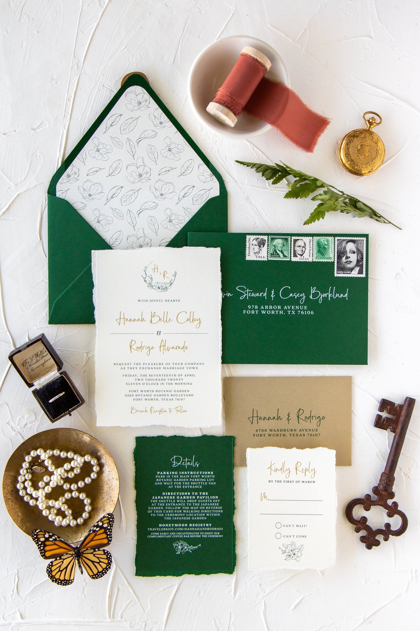 Metallic Gold & Emerald Green Wedding Invitation with Torn Edges, Soft Floral Monogram Wreath, Envelope Liner and Calligraphy — Other Colors