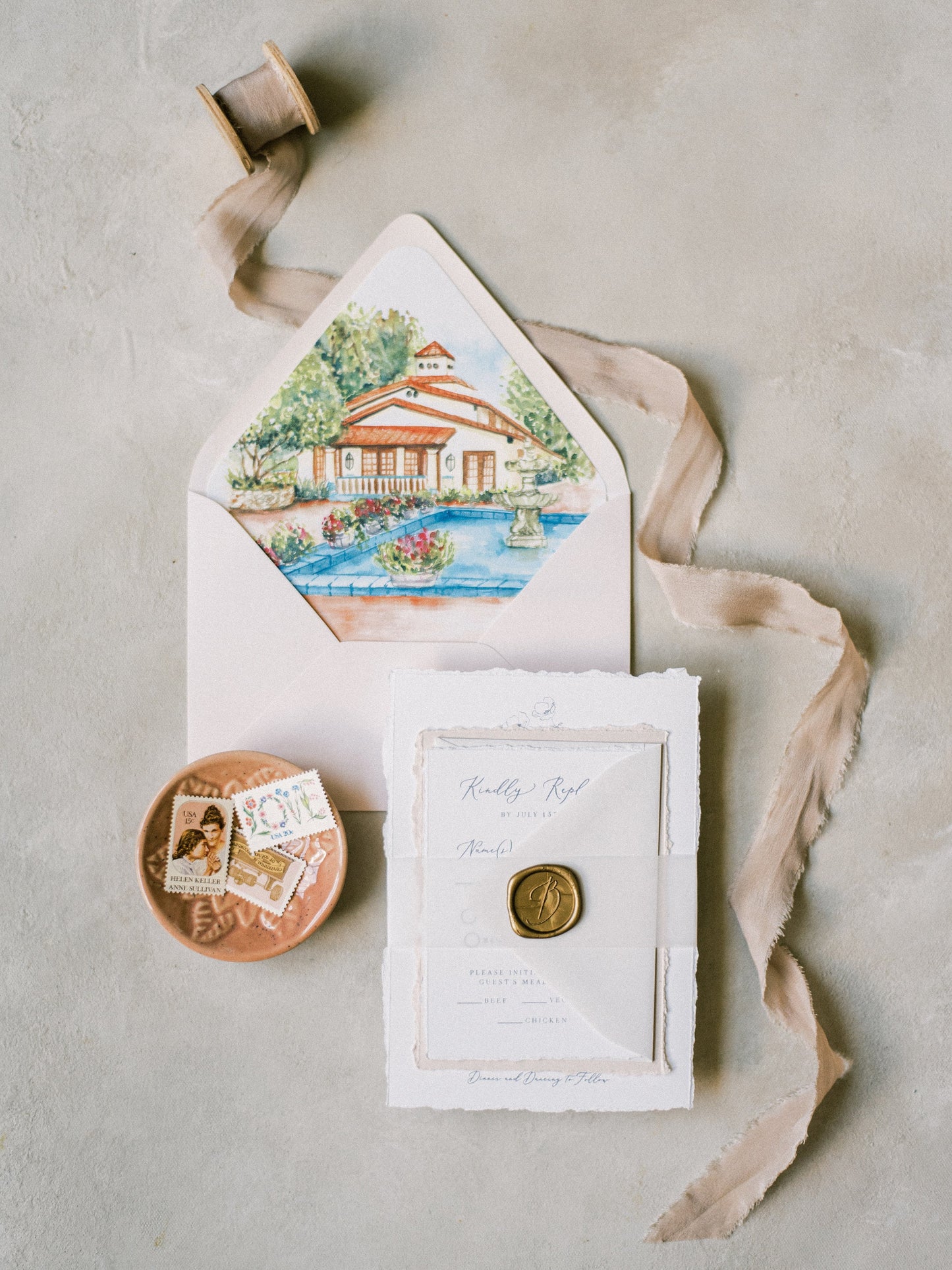 Wedding Invitation Featuring Water Color Venue Illustration, Delicate Florals, Calligraphy in Taupe, Ivory and Blush with Guest Addressing