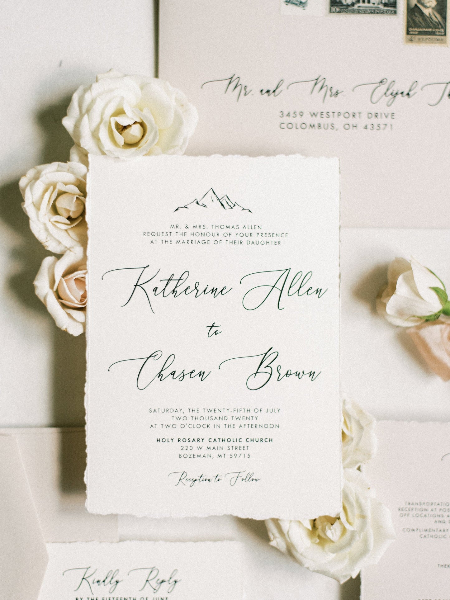 Mountain Wedding Invitation with Calligraphy in Earth Tones — Taupe, Almond & Ivory with Details Insert and Guest Addressing — Other Colors