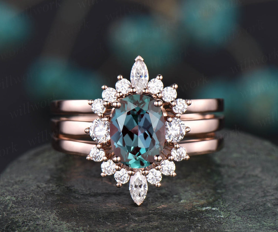 3pcs Oval Alexandrite Engagement Ring Set 14k Rose Gold Vintage Alexandrite Rings For Women Marquise Moissanite Three Stone Ring Bridal Set
