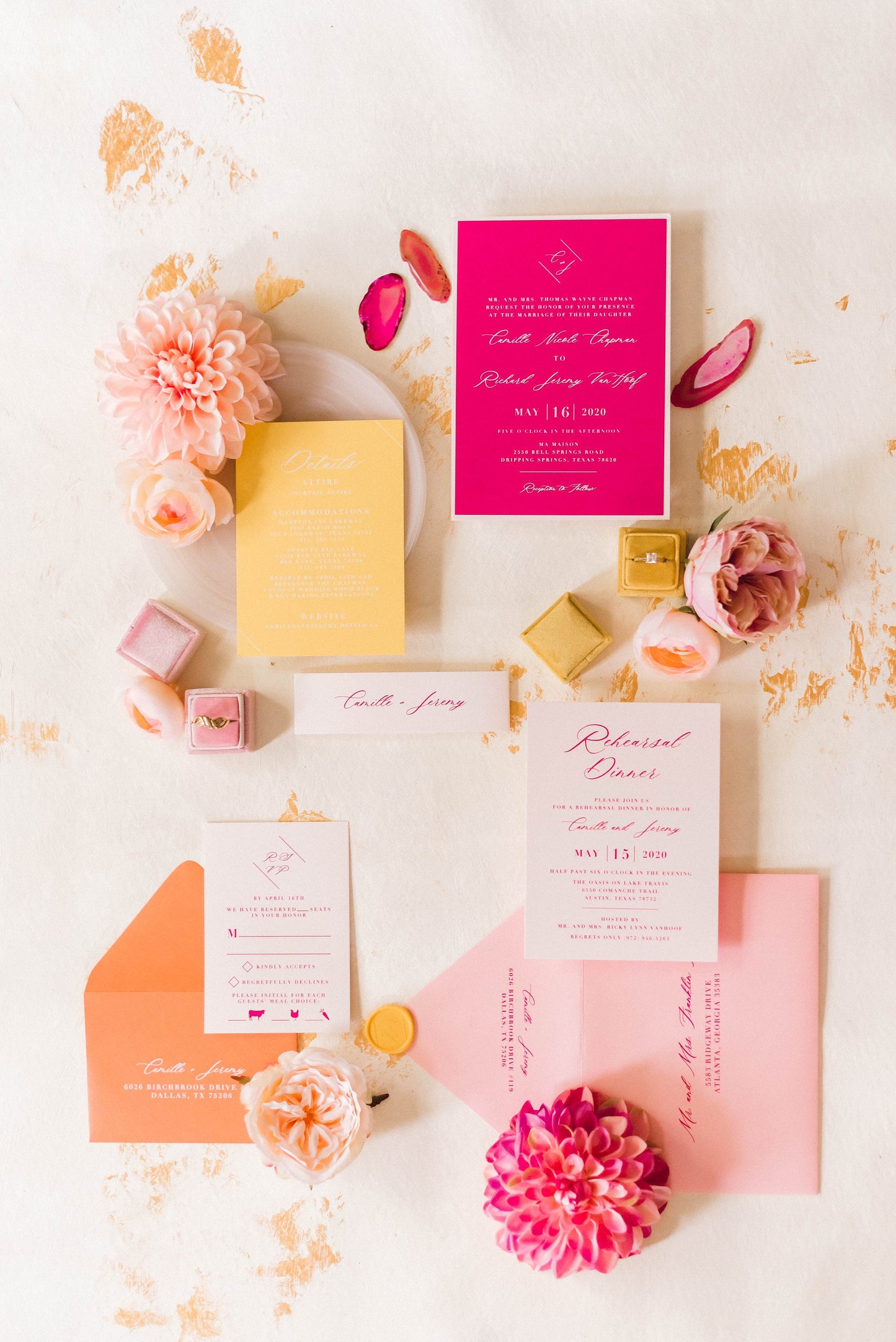 Modern + Bright Wedding Invitation in Hot Pink with White Ink, Yellow, Orange and Pale Pink with Belly Band — Other Colors Available!