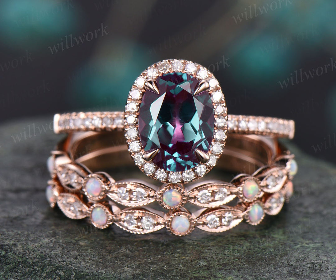 3pcs Halo Diamond Ring Oval Color Change Alexandrite Engagement Ring Rose Gold Vintage Opal Ring Opal Wedding Band Women Bridal Ring Set